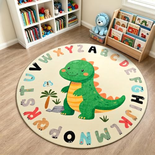 Kids Animal Print Round Play Rug with Dinosaur & ABC Letters - Multi Color, 4ft