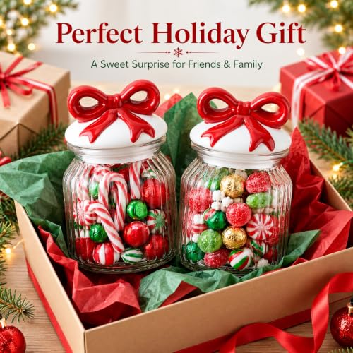 Red Bow Christmas Glass Jar Set with Lids - Holiday Canister Storage