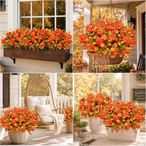 Artificial Geranium Flowers Fall Decor - Orange, 10 Bundles
