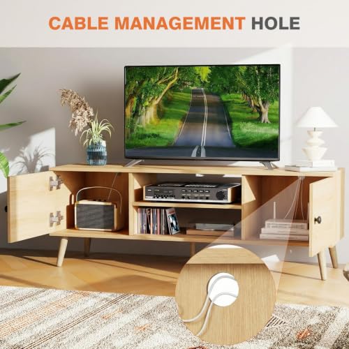 Wood TV Stand for 55-60 Inch TVs with Storage and Adjustable Feet