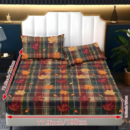 Autumn Plaid Maple Leaf Queen Fitted Sheet Set with Pillowcases - Fall Bedroom Decor