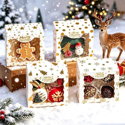 24PCS 4x4x2 Inch Christmas Treat Boxes with Clear Window – White, Gold Foil Pattern, 6 Per Style