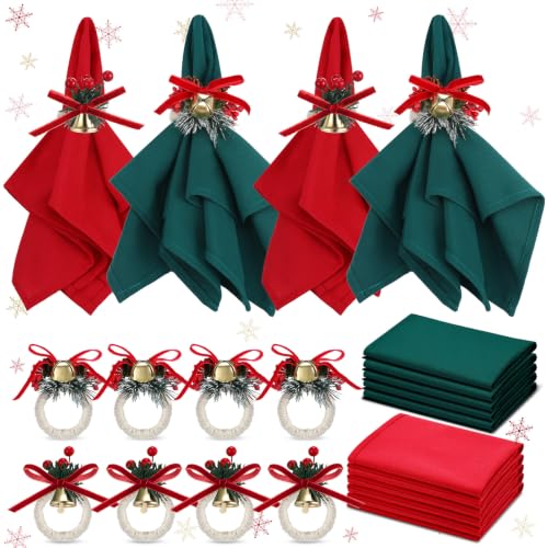 Christmas Bow Bells Polyester Napkins & Rings Set - Holiday Table Decor