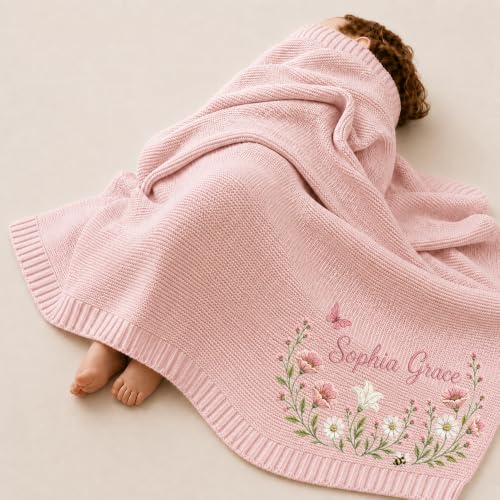 Personalized Baby Blanket with Embroidered Name and Floral Bunny Design - Style 5
