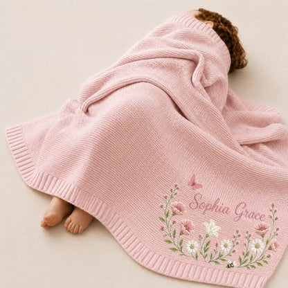 Personalized Baby Blanket with Embroidered Name and Floral Bunny Design - Style 5