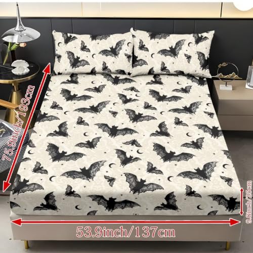 Halloween Bat Bed Sheets Set Queen Size - Bat Fitted Sheet & Pillowcases - Beige