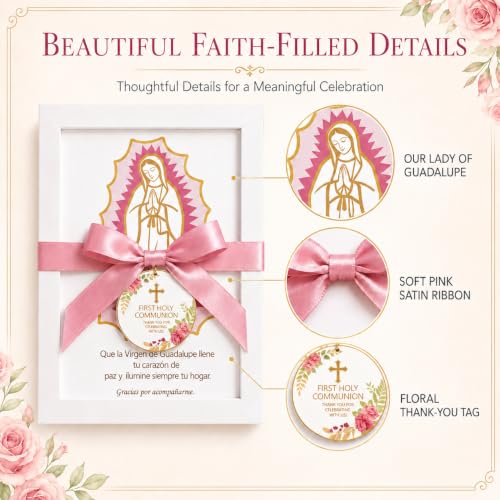 6-Piece Pink Virgen de Guadalupe First Communion Photo Frame Set with Satin Bows - Religious Favor for Guests