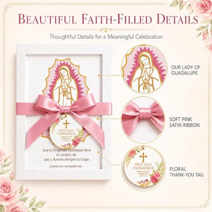 6-Piece Pink Virgen de Guadalupe First Communion Photo Frame Set with Satin Bows - Religious Favor for Guests
