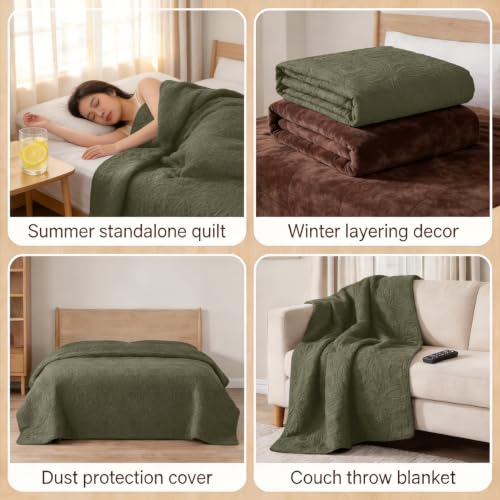 Olive Green Queen Quilt Set Lightweight Bedspread with Pillow Shams