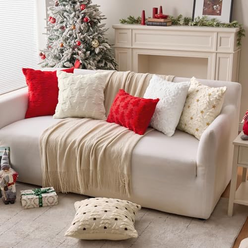 ANRODUO Christmas Tree Decorative Pillow Covers 20x20 Plush Beige Pack of 2 - Festive Holiday Decor
