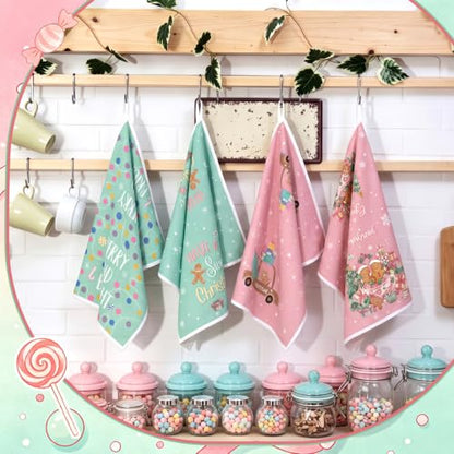 Pink & Green Pastel Gingerbread Christmas Kitchen Towels Set - Candy Land Design