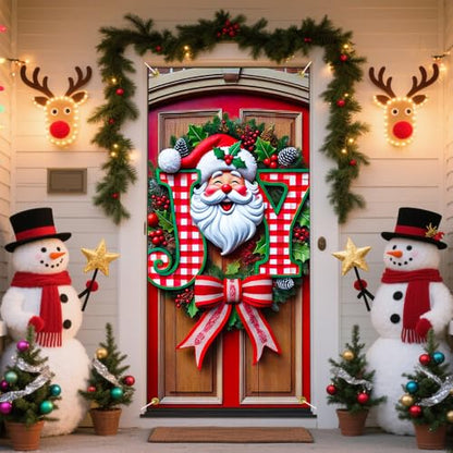 JOY Santa Face Door Cover with Gingham Letters - Red Christmas Decoration - Variation 01