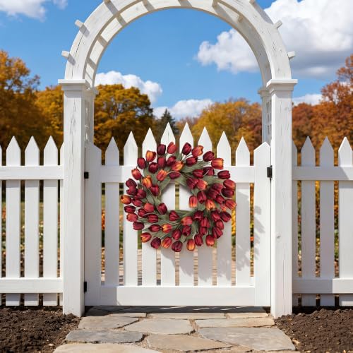 Wine Red Tulip Fall Wreath 24-Inch Front Door Decor - Fade-Resistant