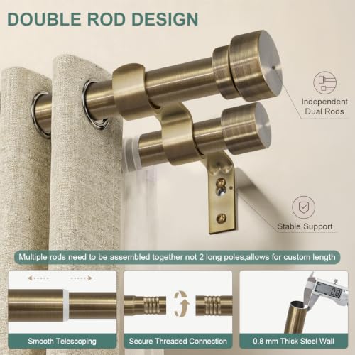 Antique Bronze Double Curtain Rod Set 1 Inch for Windows 72-144 Inches - Lootkell
