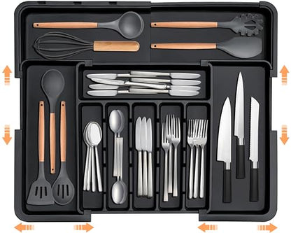 Spaclear Silverware Organizer Expandable Kitchen Utensil Drawer Organizer with 9 Compartment Large Cutlery Organizer Tray for Forks Knives Plastic Black 13" - 22" W,14.5" - 19" L