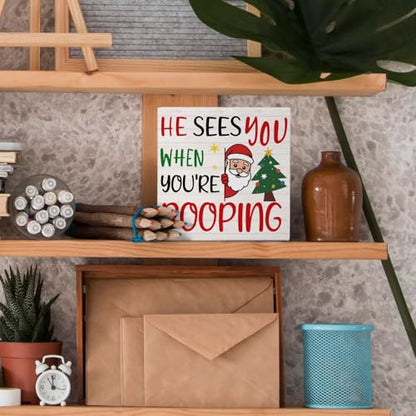 Funny Christmas Santa Bathroom Wooden Sign - Pooping 02 - Rustic Toilet Decor - 5x5 Inch