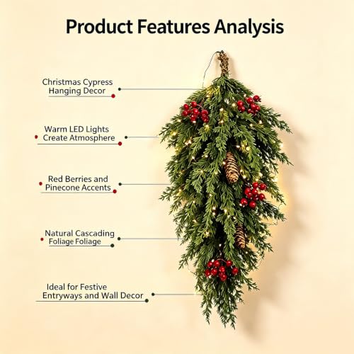 Pre-lit Cypress Teardrop Swag with Lights, Pinecones & Berries - Indoor Outdoor Christmas Decor