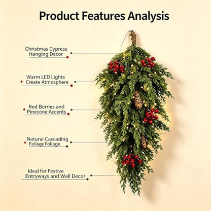 Pre-lit Cypress Teardrop Swag with Lights, Pinecones & Berries - Indoor Outdoor Christmas Decor