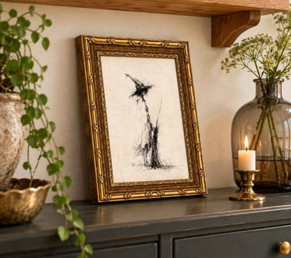 Vintage Witch Canvas Wall Art - Gold Frame Gothic Sketch Print, 11x9 Inches, Line Witch Variation