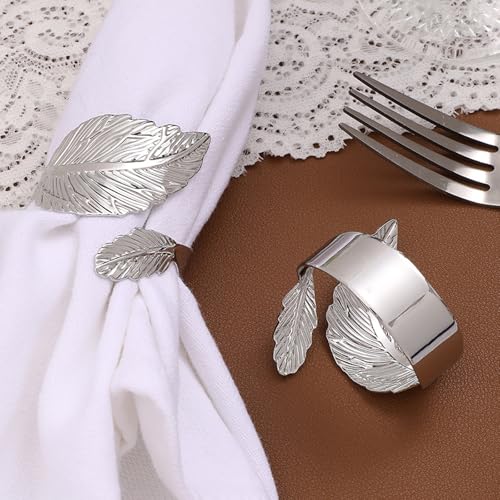 Silver Leaf Napkin Ring Set of 12 - Shiny Metal Table Decor for Holidays