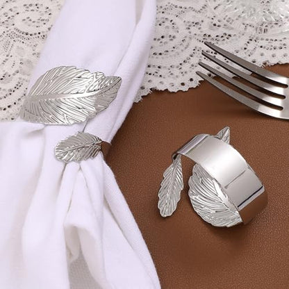 Silver Leaf Napkin Ring Set of 12 - Shiny Metal Table Decor for Holidays