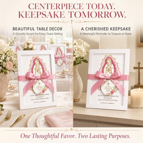 6-Piece Pink Virgen de Guadalupe First Communion Photo Frame Set with Satin Bows - Religious Favor for Guests