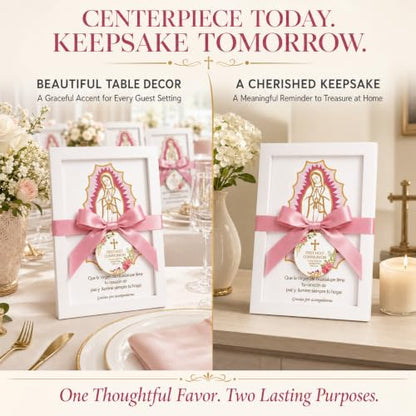 6-Piece Pink Virgen de Guadalupe First Communion Photo Frame Set with Satin Bows - Religious Favor for Guests