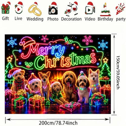 Neon UV Reactive Christmas Puppy Tapestry Wall Hanging - Holiday Decor for Bedroom & Pet Shop