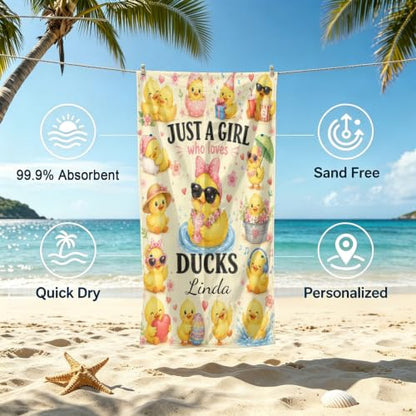 Girl Loves Ducks Beach Towel - Custom 30x60 Microfiber Personalizable Towels - Variation of Girl Loves Ducks
