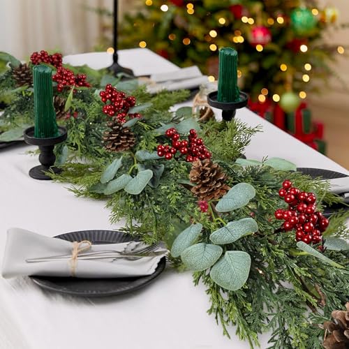 6FT Christmas Garland with Lights - Artificial Pine Cypress Eucalyptus & Red Berries, Style 2