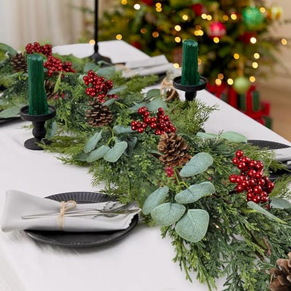 6FT Christmas Garland with Lights - Artificial Pine Cypress Eucalyptus & Red Berries, Style 2