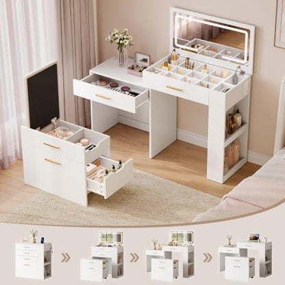 4-in-1 Vanity Desk with Mirror, LED Lights & Storage Stool