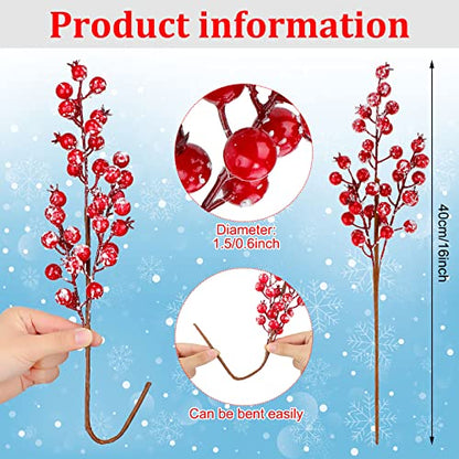 12 Pcs Artificial Frosted Red Berry Picks for Christmas Decor 16 Inch Holly Stems