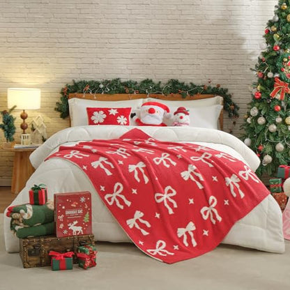 Christmas Throw Blanket 50x60 Inches Reversible Soft Cozy Decor with Red Bow