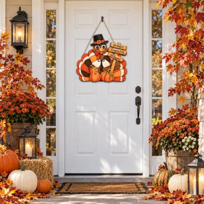 Thanksgiving Turkey Wood Sign - Thankful Pumpkin Front Door Wreath Decor