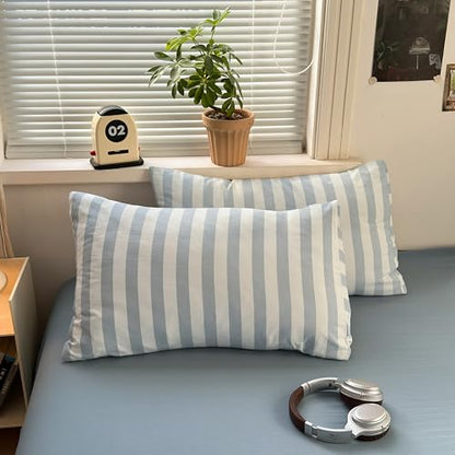 Queen Reversible Striped Comforter Set - Light Blue Bedding