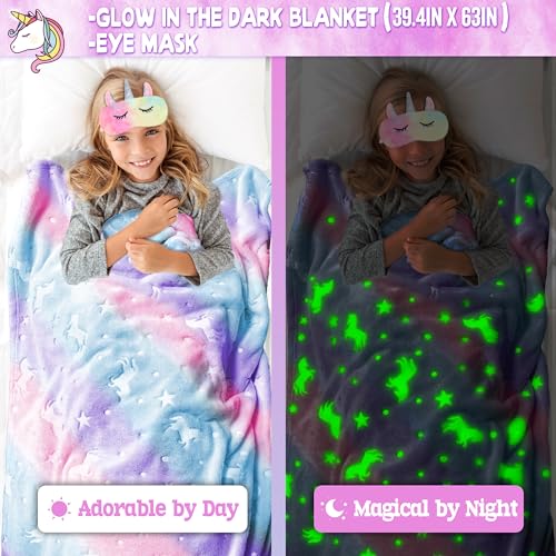 Unicorn Gifts Set for Girls Ages 6-10 with Glow in The Dark Blanket, Jewelry & More
