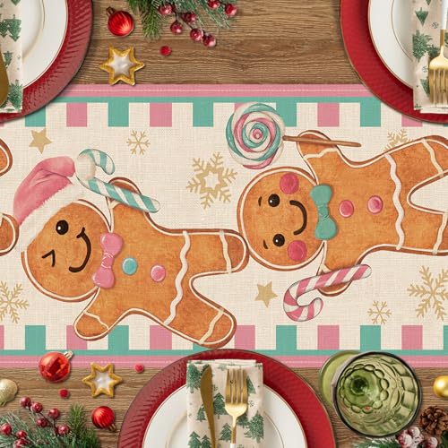 Christmas Gingerbread Man Table Runner Pink Holiday Decor 13x72 Inches Variation of Gingerbread Man-Pink