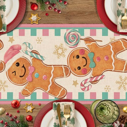 Christmas Gingerbread Man Table Runner Pink Holiday Decor 13x72 Inches Variation of Gingerbread Man-Pink