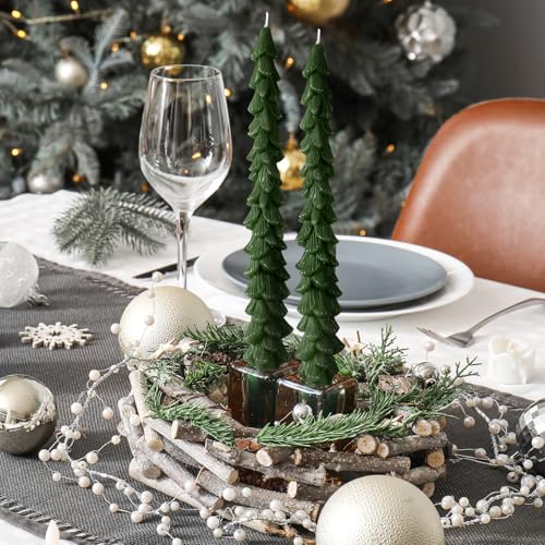 MTLEE 2 Pack Green Christmas Tree Taper Candles - 10 Inch Unscented Holiday Decor