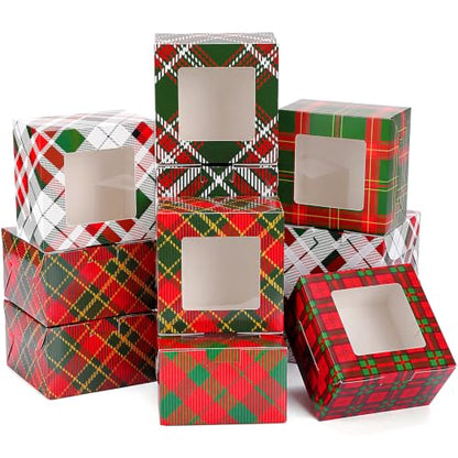 48 Pcs Christmas Gingham Treat Boxes with Window - Red & Green Holiday Design