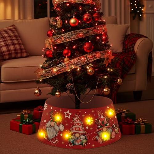 Christmas Gnome Tree Collar with LED Light, 26 Inch Red Tree Skirt Ring