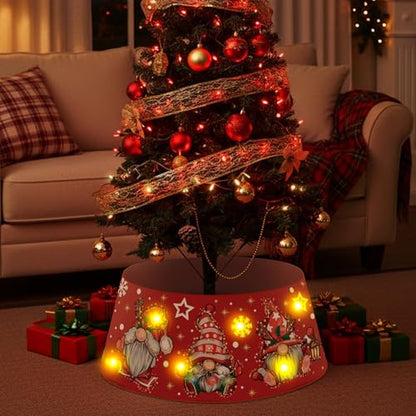 Christmas Gnome Tree Collar with LED Light, 26 Inch Red Tree Skirt Ring