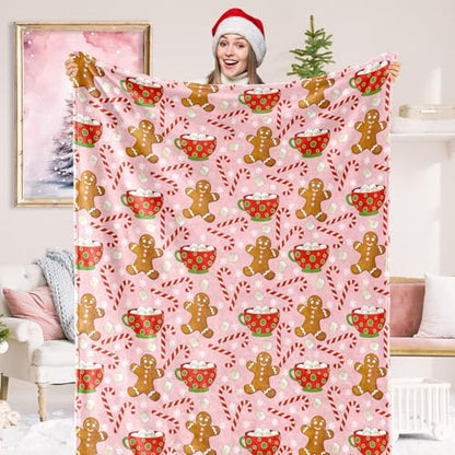 Pink Christmas Fuzzy Blanket Gingerbread Man & Candy Cane Throw 50x60 Inches