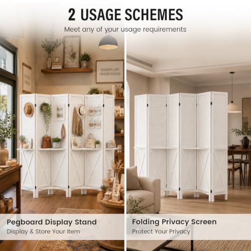 6 Panel Wood Pegboard Room Divider with Shelves - Privacy Screen (White Variant of THIS listing)