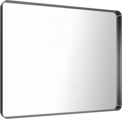 LOAAO Black Metal Framed Bathroom Mirror - 48x36 Inch Large Rounded Rectangle | Anti-Rust Tempered Glass, Versatile Hanging Options