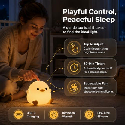 Rechargeable Silicone Duck Night Light - Soft Dimmable Bedside Lamp for Kids & Nursery