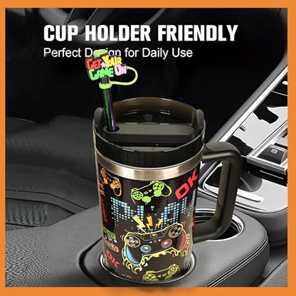 Black Gaming Water Bottle 40oz Insulated Tumbler with Handle & Straw