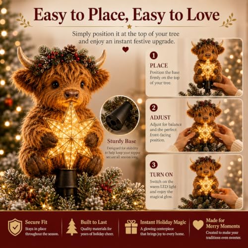 Baby Highland Cow Glowing Star Tree Topper - Lighted Christmas Decor 1PC
