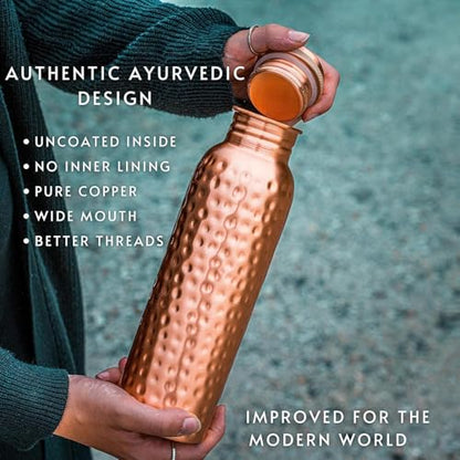 Pure Copper Water Bottle 34oz - Handmade Hammered Design, Leak-Proof, 1000ml